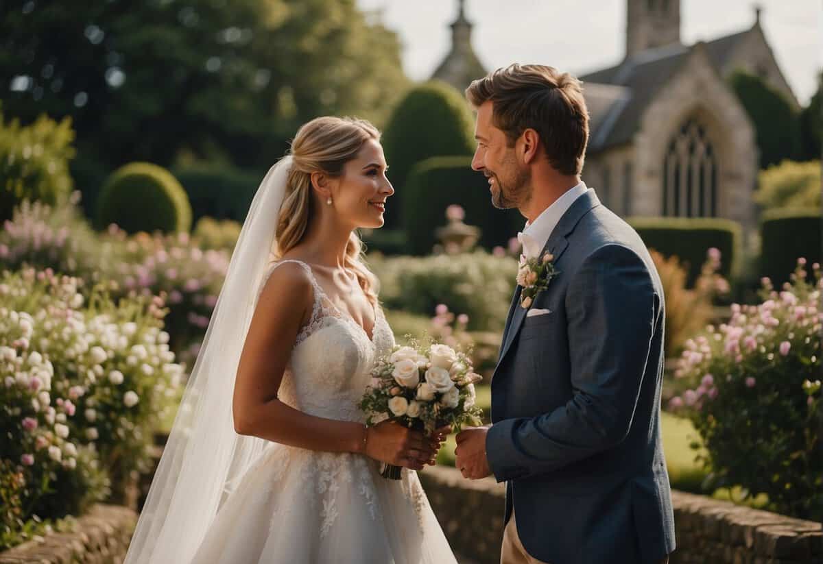 A couple discusses wedding plans at a quaint British venue, surrounded by picturesque gardens and a charming chapel
