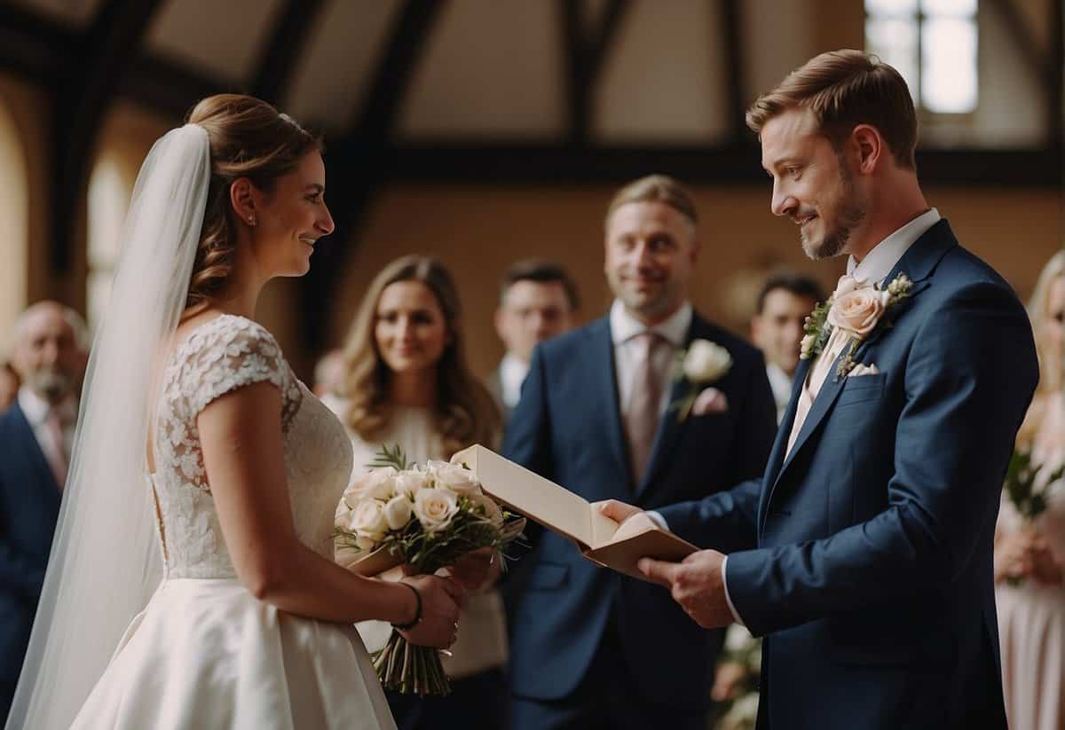 A couple stands before a registrar, exchanging vows quickly in a UK marriage ceremony