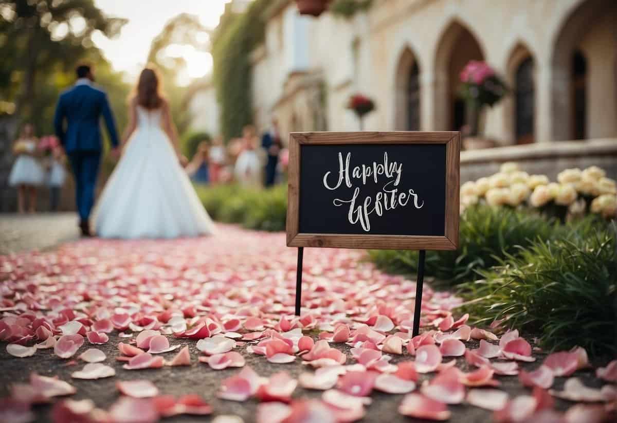 A wedding scene with a sign reading "Happily Ever After" and flower petals scattered on the ground