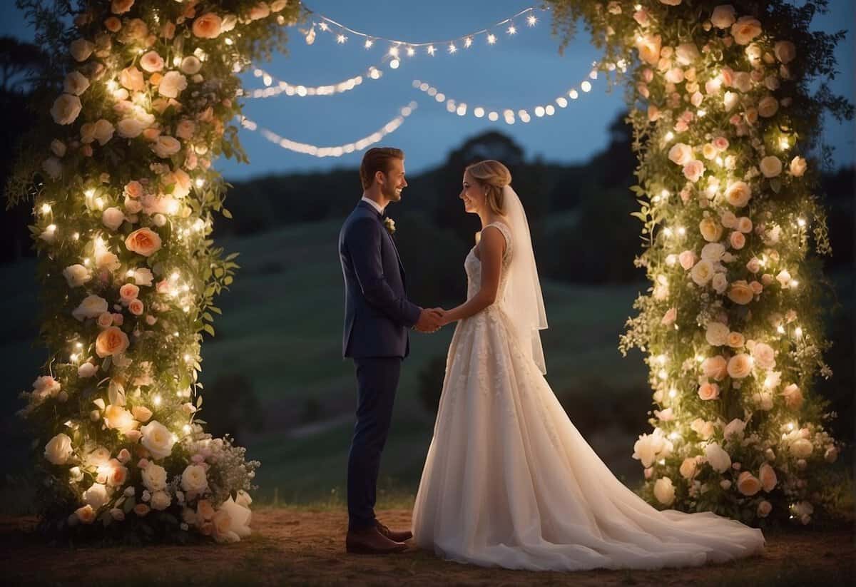 A bride and groom standing under a floral arch, surrounded by twinkling lights and romantic quotes written on vintage-style signs