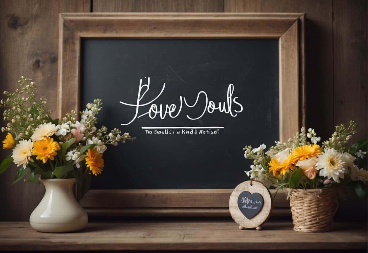 A wedding scene with "Love is patient, love is kind" and "Two souls, one heart" written on a rustic chalkboard surrounded by blooming flowers