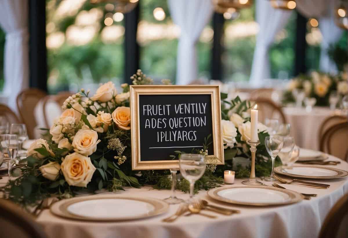 A table with a decorative sign reading "Frequently Asked Questions: What are some wedding sayings?" surrounded by floral centerpieces