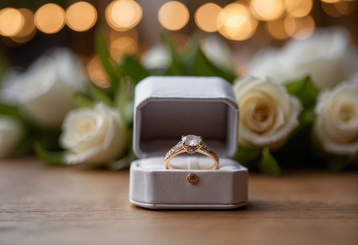 A wedding ring box on a decorated table with a sign saying "Who can give you away at a wedding?"