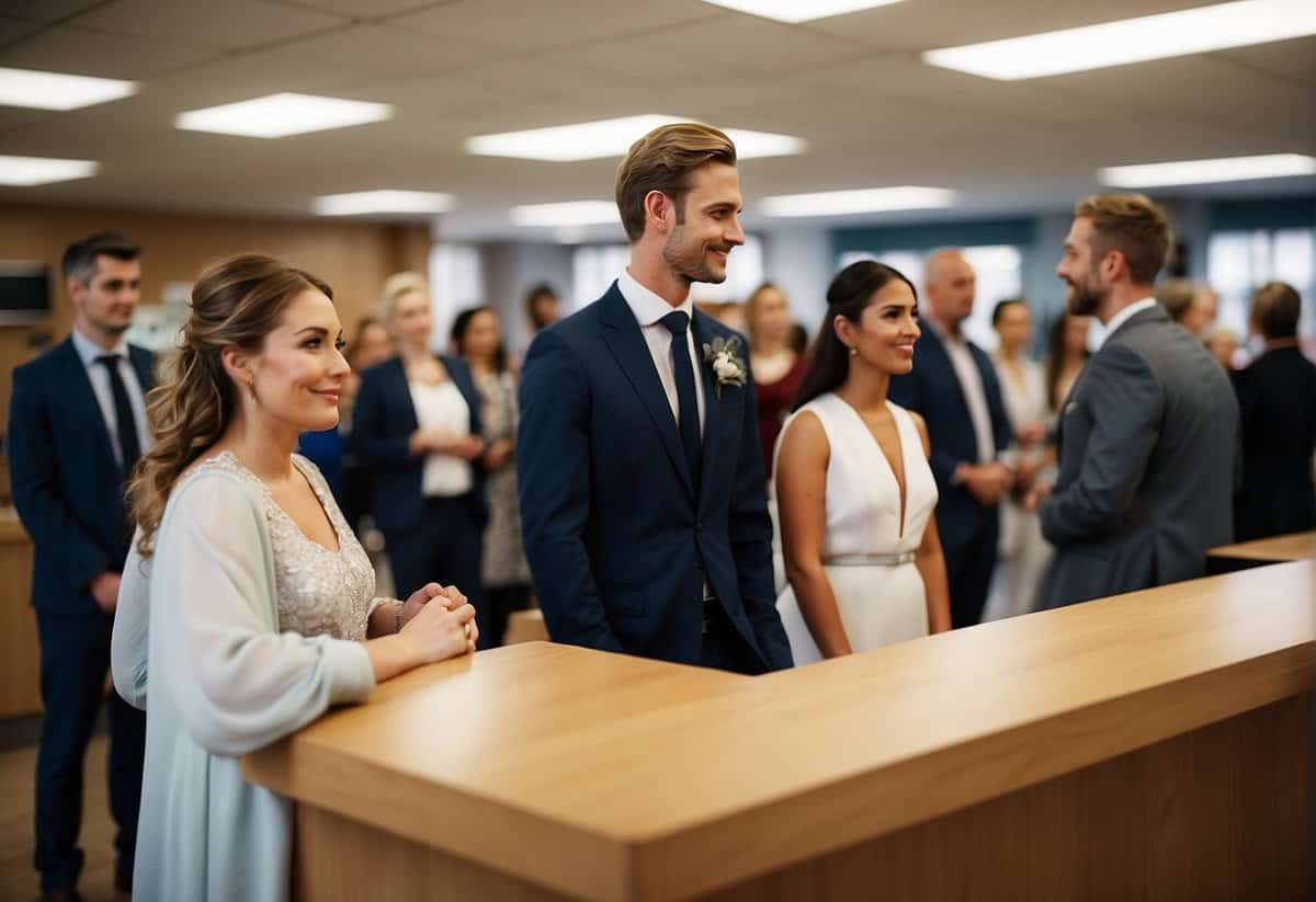 A couple stands in line at a registry office, surrounded by other couples and a reception desk. A sign displays the frequently asked question about the cost of getting married in the UK
