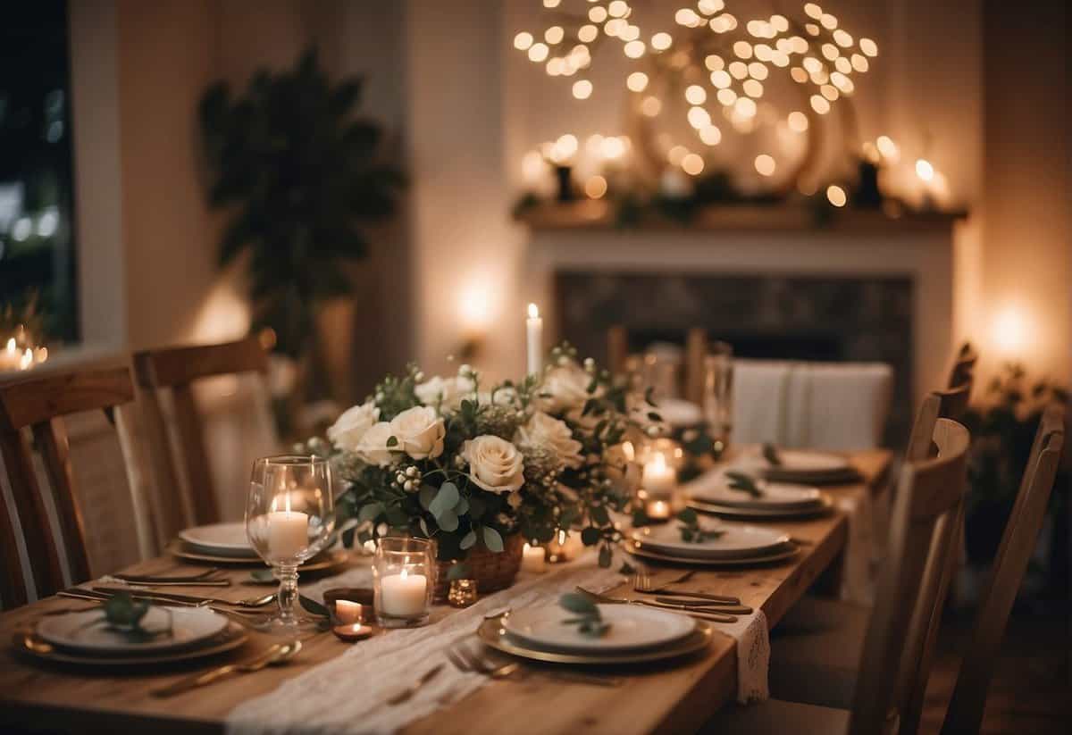 A cozy living room with soft lighting, a beautifully set dining table, and a small, intimate gathering of friends and family celebrating a wedding ceremony