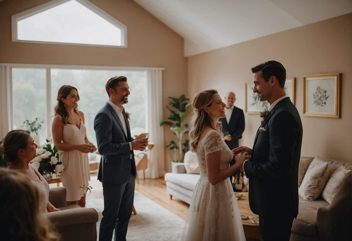 A couple stands in their cozy living room, surrounded by family and friends. A celebrant officiates the intimate home wedding ceremony, as the couple exchanges vows and rings