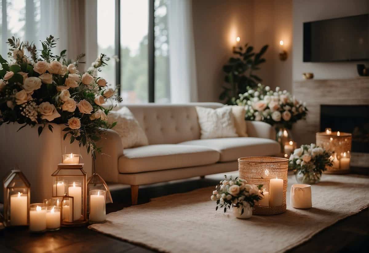 A cozy living room set up for a wedding ceremony. Soft lighting, floral decorations, and comfortable seating create a warm and intimate atmosphere