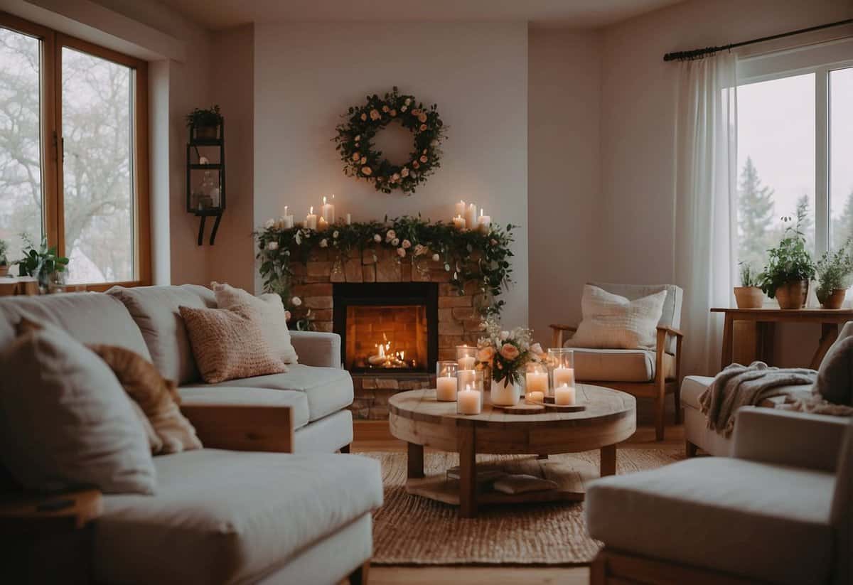 A cozy living room with floral decor, soft lighting, and a makeshift altar. A small gathering of loved ones seated on comfortable furniture, all facing the couple exchanging vows in an intimate at-home wedding ceremony