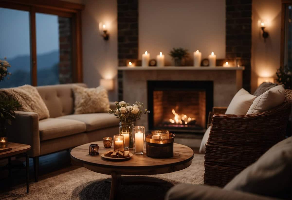 A cozy living room with warm lighting, a small table set for a wedding ceremony, and a couple exchanging vows in front of a fireplace