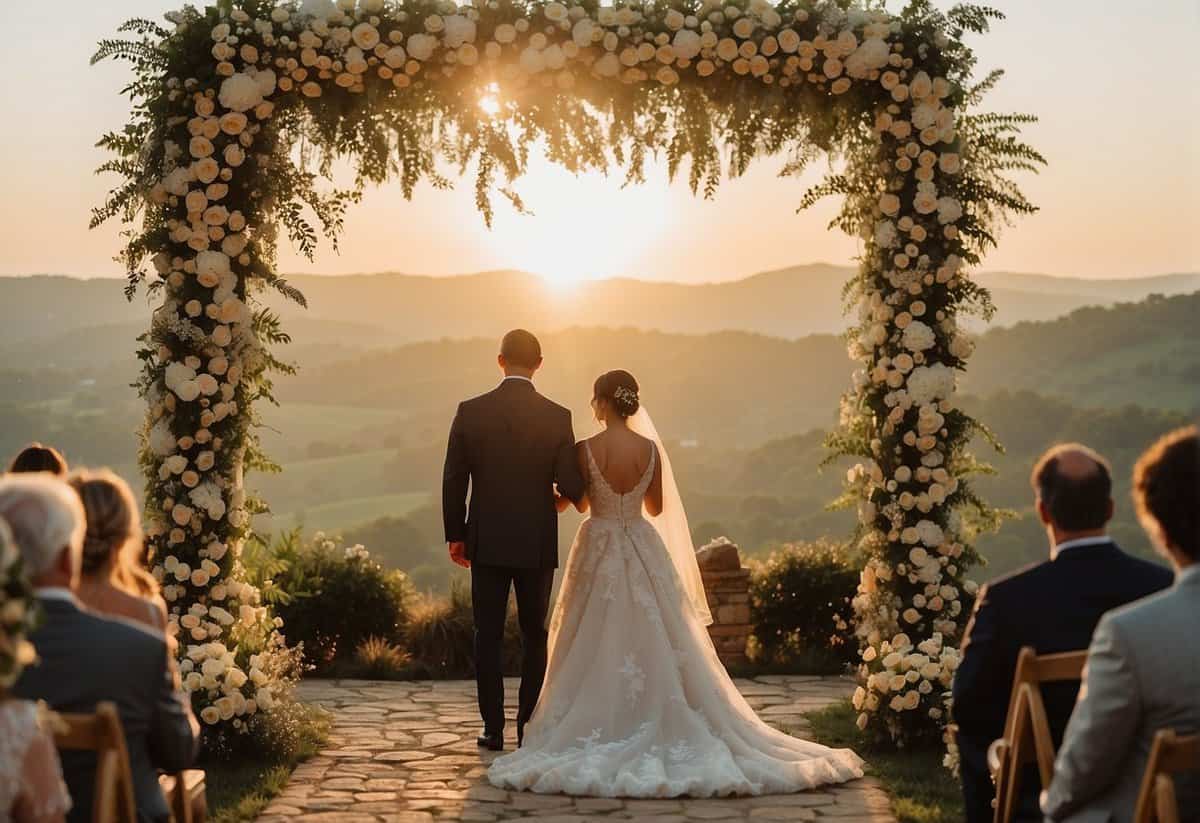 A grand wedding arch adorned with flowers, surrounded by joyful guests and a picturesque backdrop of rolling hills and a setting sun