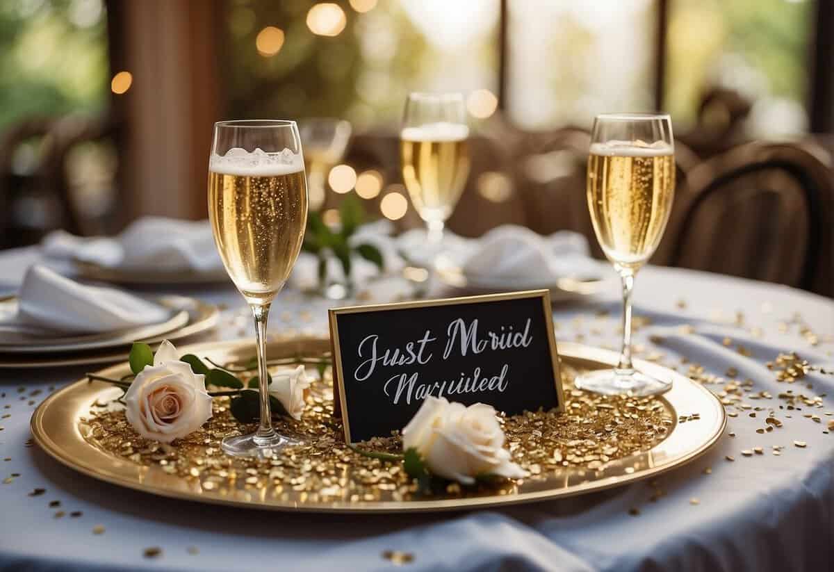 A table set with scattered confetti and empty champagne glasses, a discarded bouquet, and a sign reading "Just Married" in the background