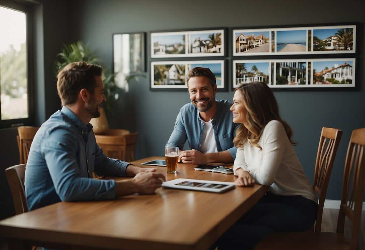 A couple sits at a table, surrounded by images of houses, travel destinations, and a family. They are deep in conversation, pointing to different pictures and smiling as they plan their future together