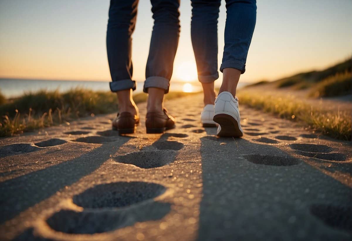 A couple's footsteps lead towards a bright horizon, symbolizing new beginnings after marriage