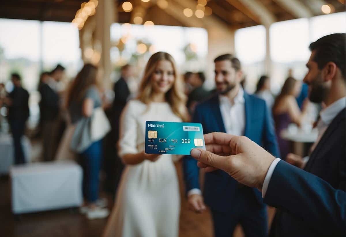 Couples swipe credit card at wedding vendor fair