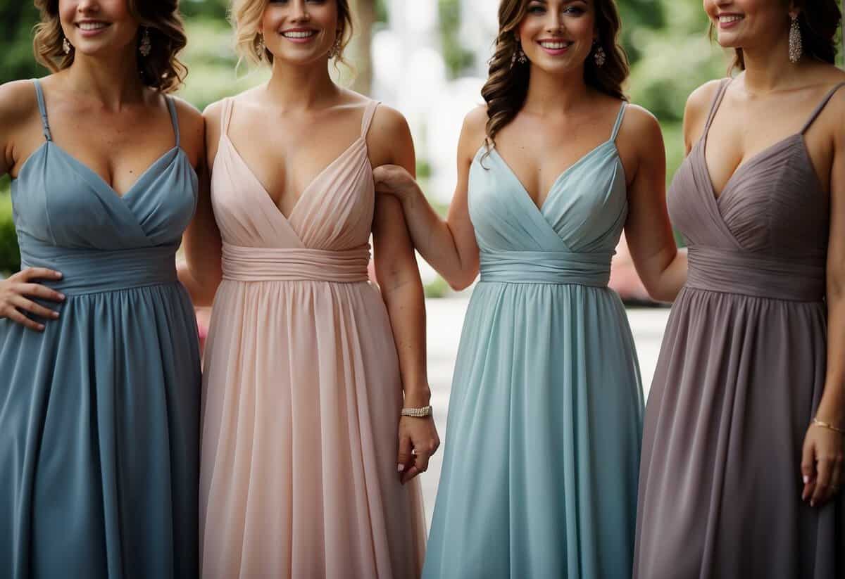 Several bridesmaid dresses in various colors and styles arranged in a row for a wedding party