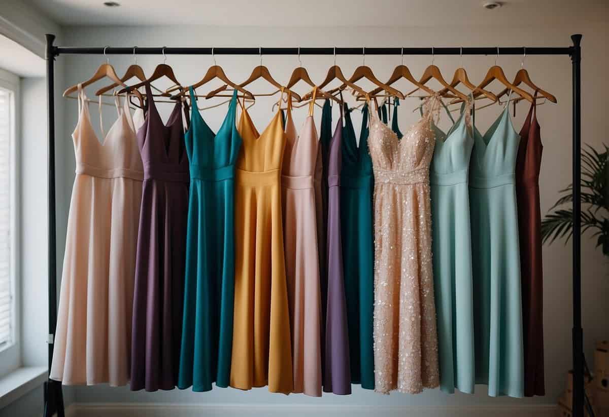 A row of colorful bridesmaid dresses hanging on a rack, with matching shoes and accessories displayed nearby. Receipts and price tags scattered on a table