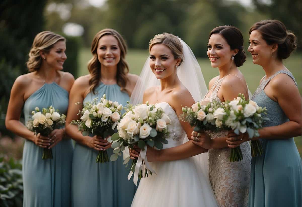 Several bridesmaids in elegant dresses stand in a row, smiling and holding bouquets, while the bride and groom look on happily