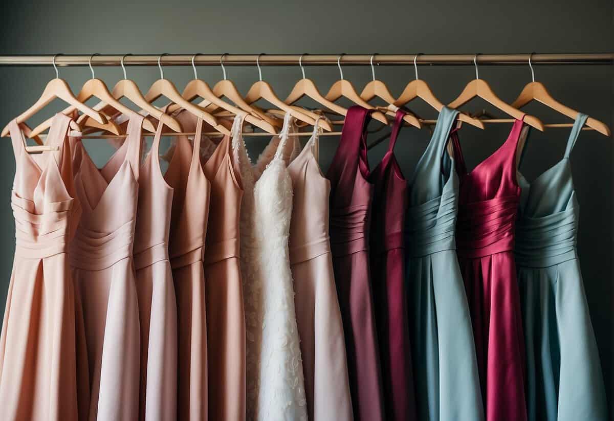 A group of bridesmaid dresses in various colors and styles arranged neatly on hangers, with a sign reading "Frequently Asked Questions: How many bridesmaids can you have?" displayed prominently
