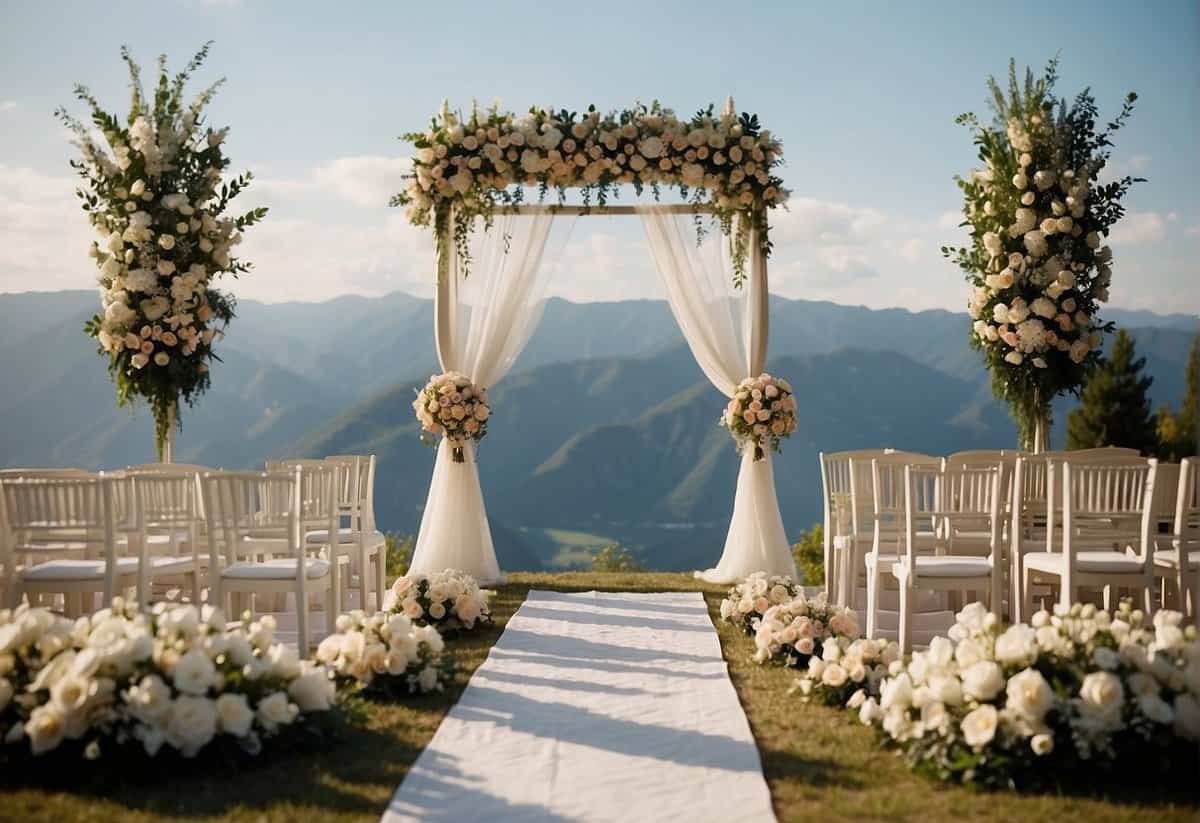 A wedding altar with empty chairs, flowers, and a serene backdrop