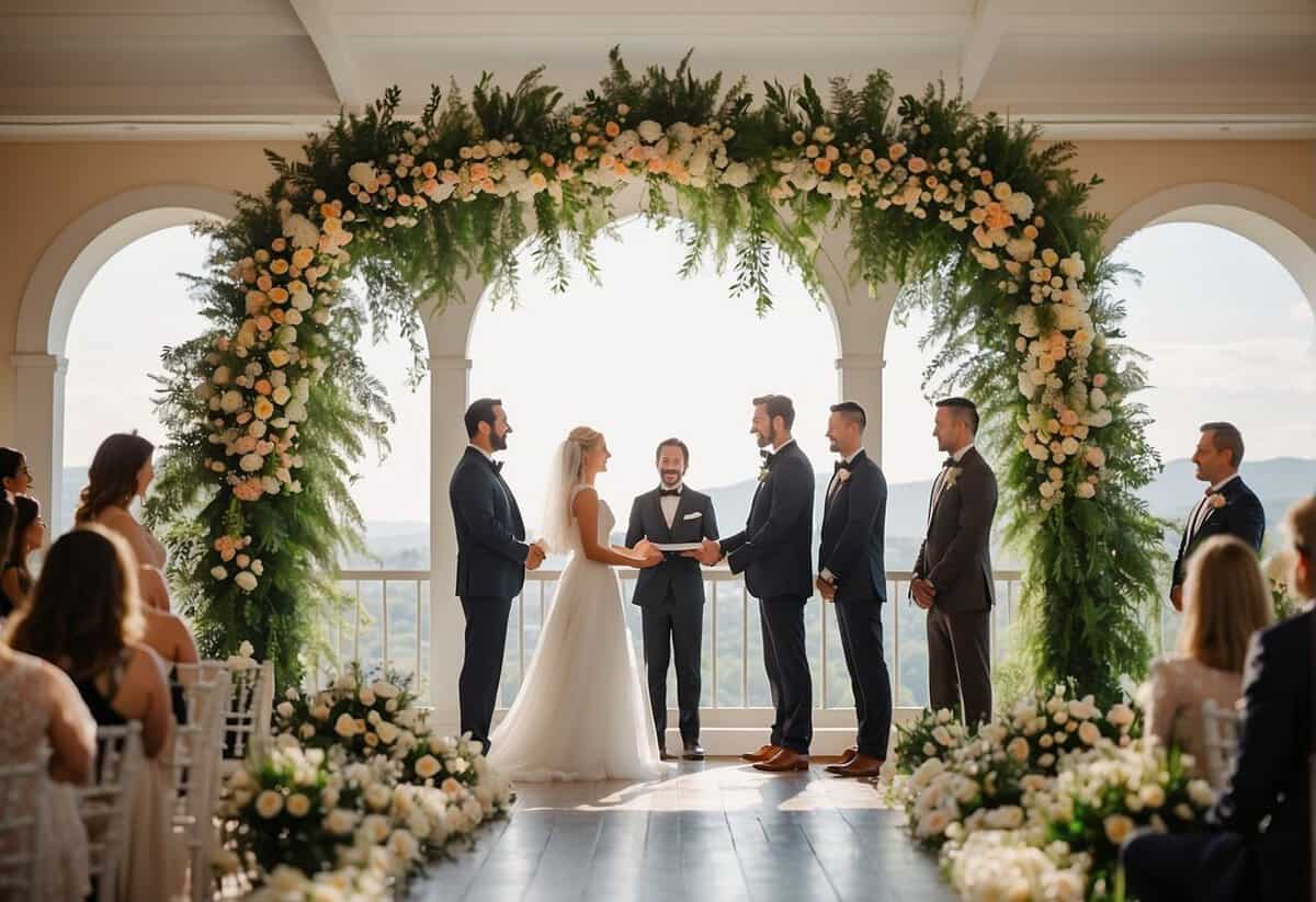A bride and groom stand under a floral arch, exchanging vows as family and friends look on, symbolizing the significance of a wedding