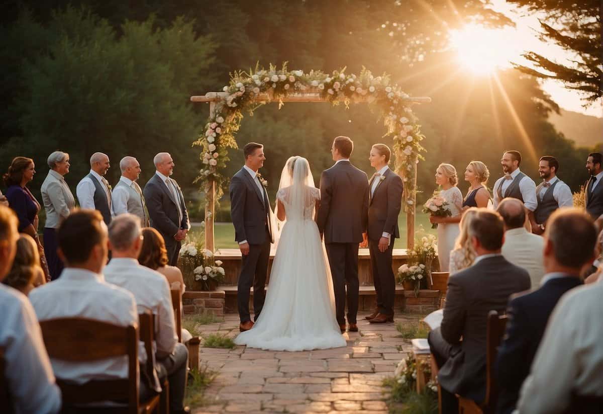 A bride and groom stand at the altar, surrounded by family and friends. The sun sets behind them, casting a warm glow over the scene