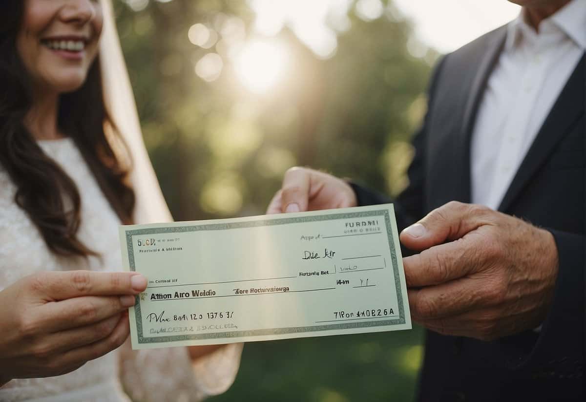 The father of the bride hands over a check to the couple for their second wedding expenses