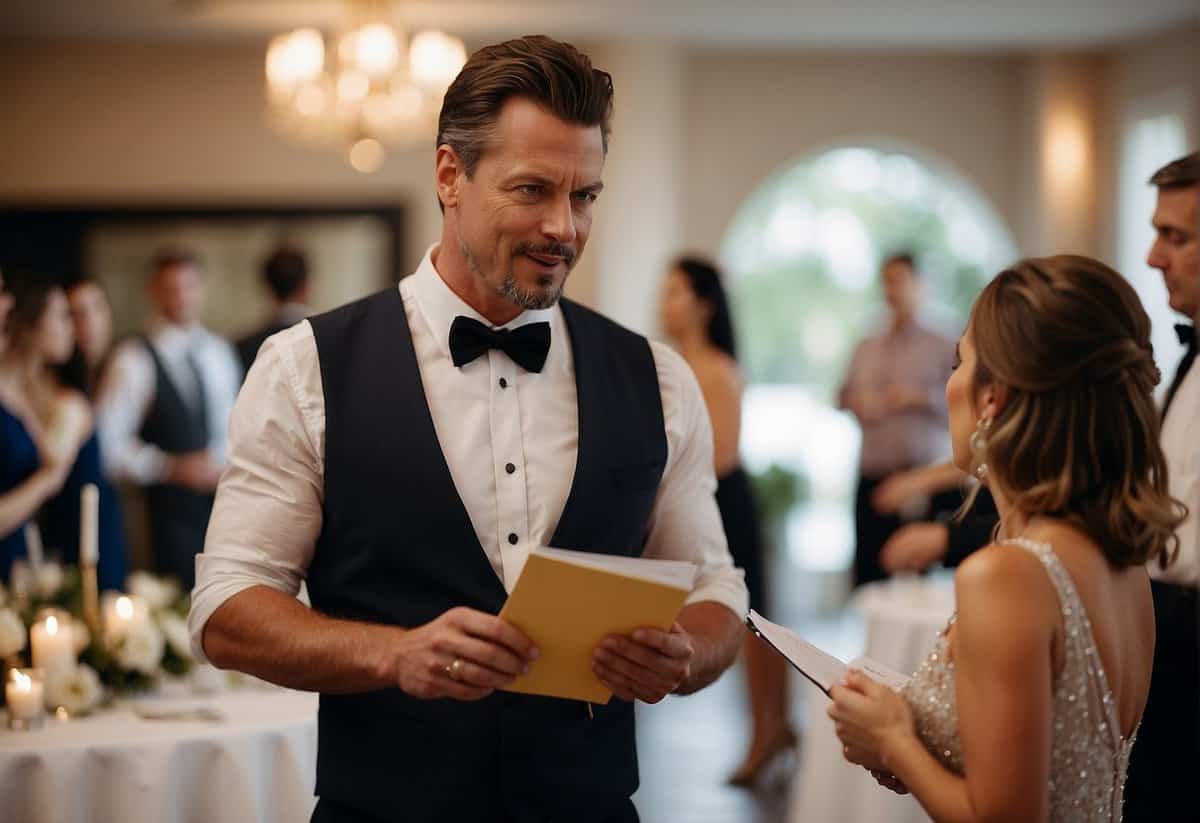 A man standing at a wedding reception, holding a checkbook and looking at a wedding planner with a puzzled expression
