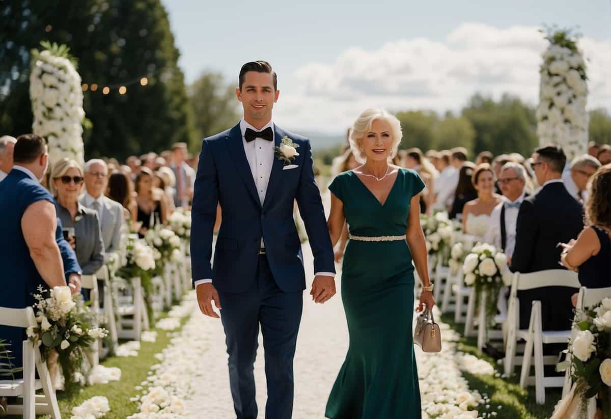 The groom walks down the aisle with his mother, in a non-traditional and inclusive format