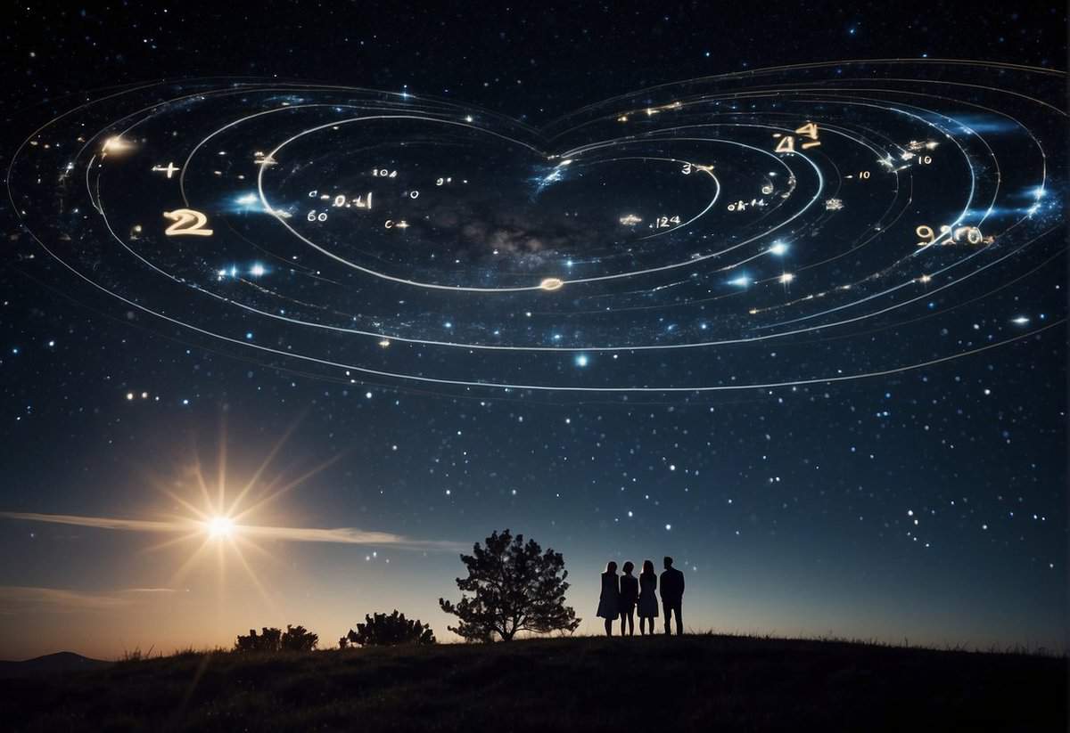 The night sky filled with constellations and zodiac symbols, hinting at astrological events. A calendar with "2024" circled, suggesting a significant year for marriage