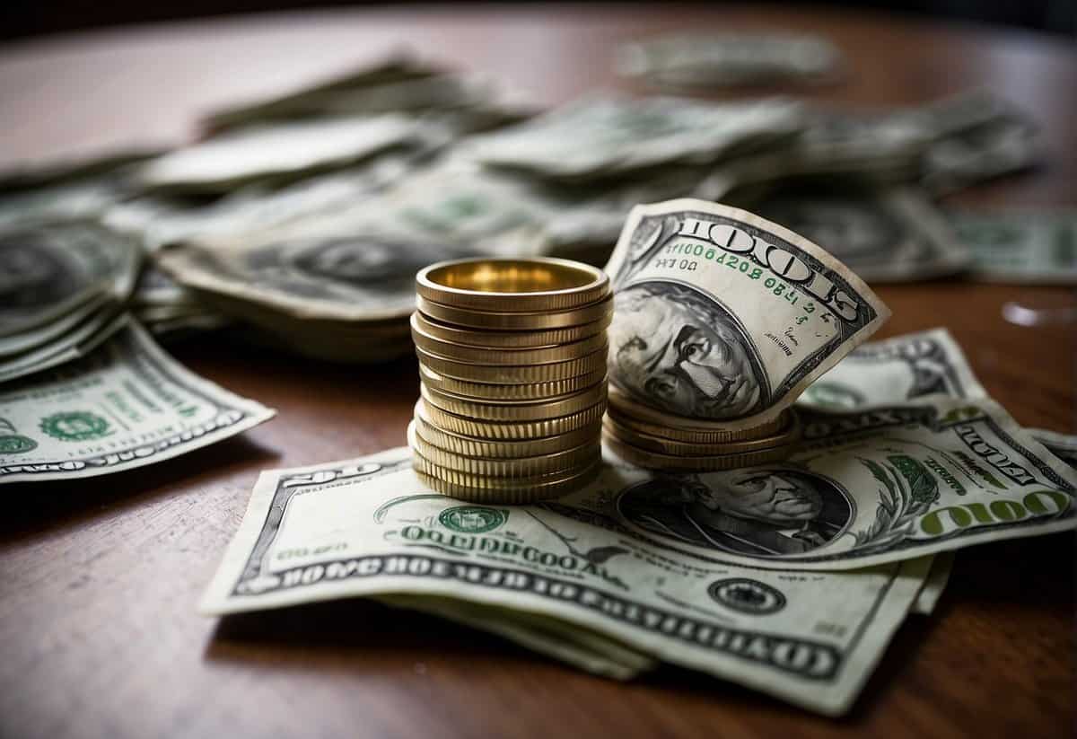 A table with two piles of money, one representing the savings and the other representing the expenses of a couple. A wedding ring placed on top of the savings pile