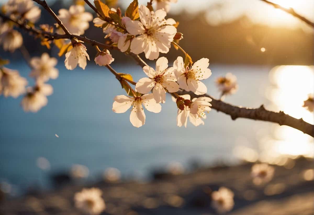A blooming cherry blossom tree with falling petals in spring, a golden sunset over a beach in summer, colorful leaves in autumn, and a snowy landscape in winter