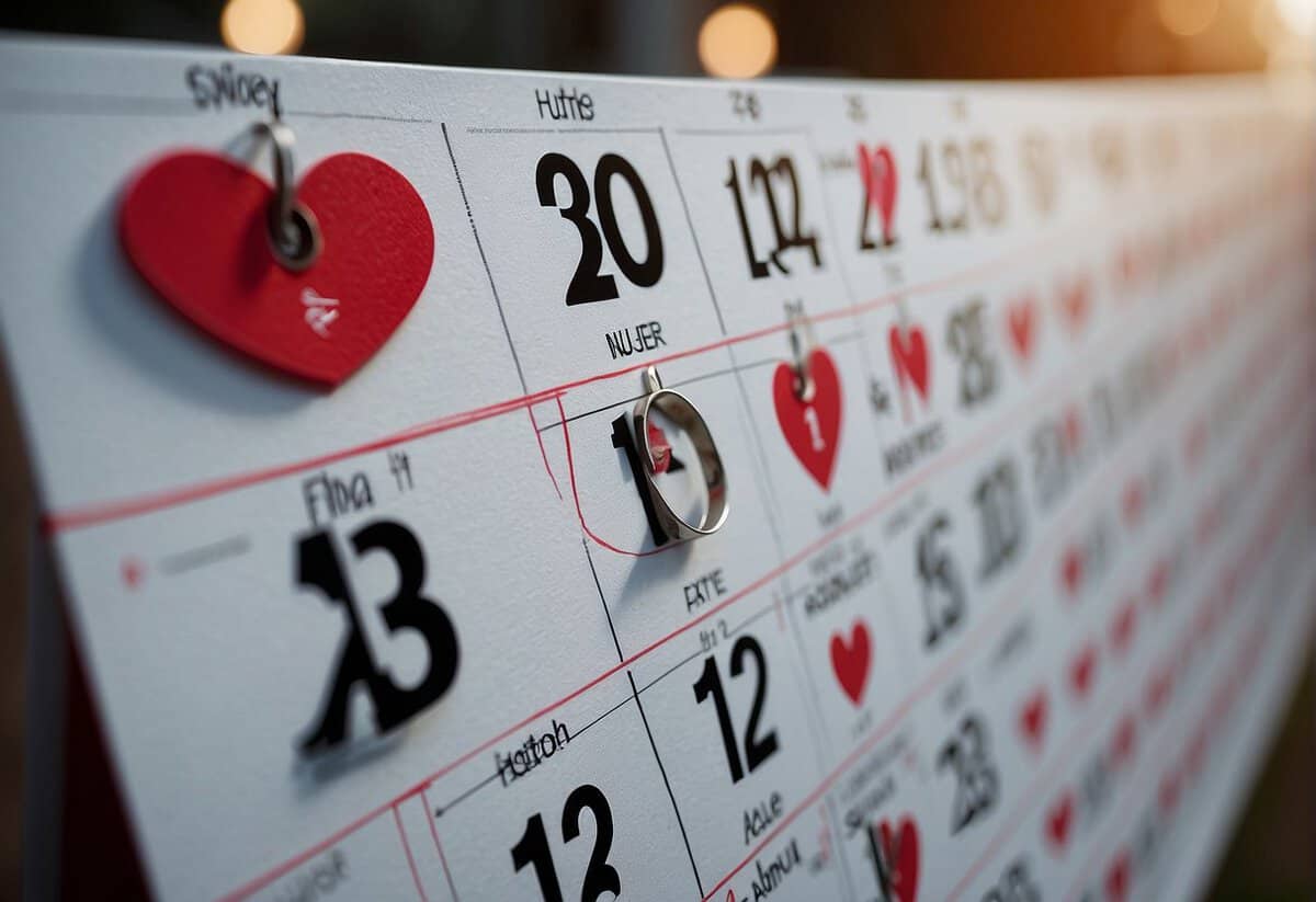 A calendar with hearts marked on specific dates, leading to a wedding date circled in red