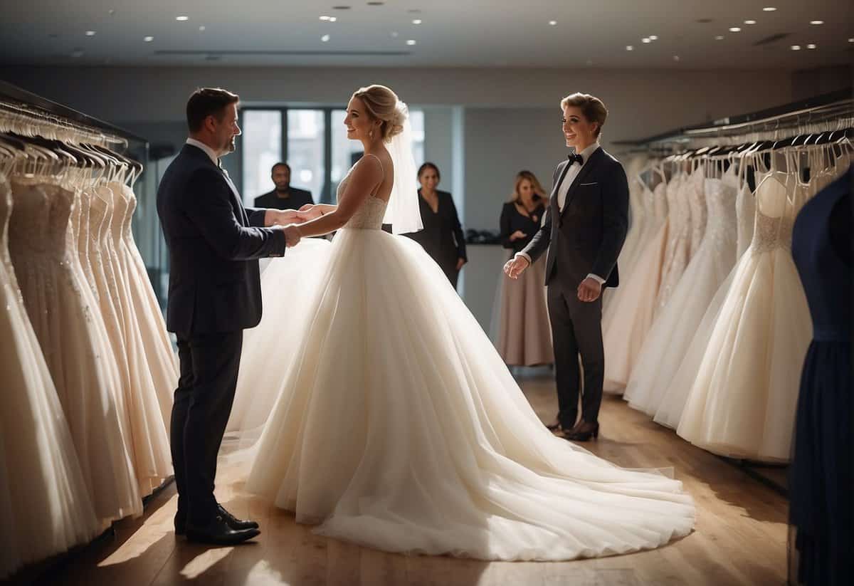 The bride purchases a wedding dress from a boutique, surrounded by racks of elegant gowns and a helpful salesperson
