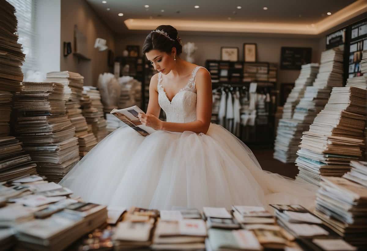 A bride sits surrounded by bridal magazines and fabric swatches, as she prepares to go wedding dress shopping