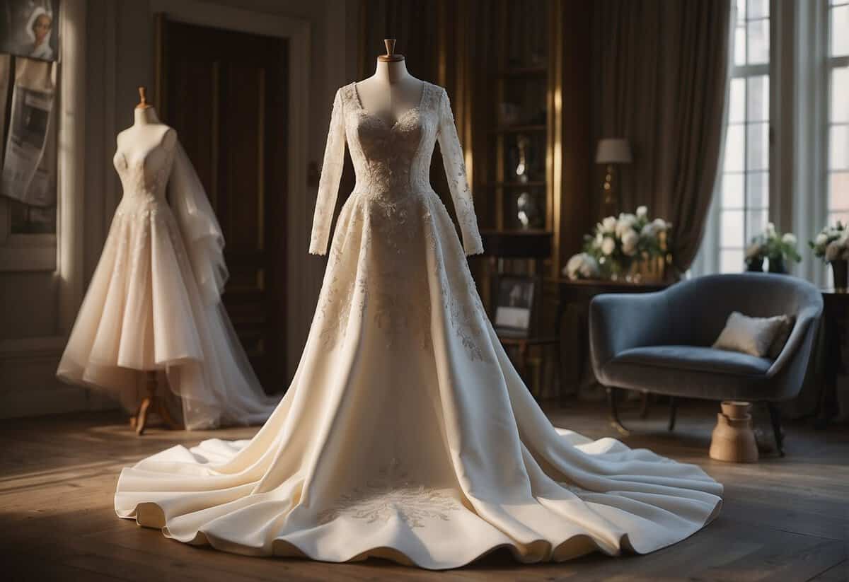 A regal wedding dress on a mannequin, surrounded by sketches and fabric swatches, symbolizing the design process behind Meghan Markle's gown