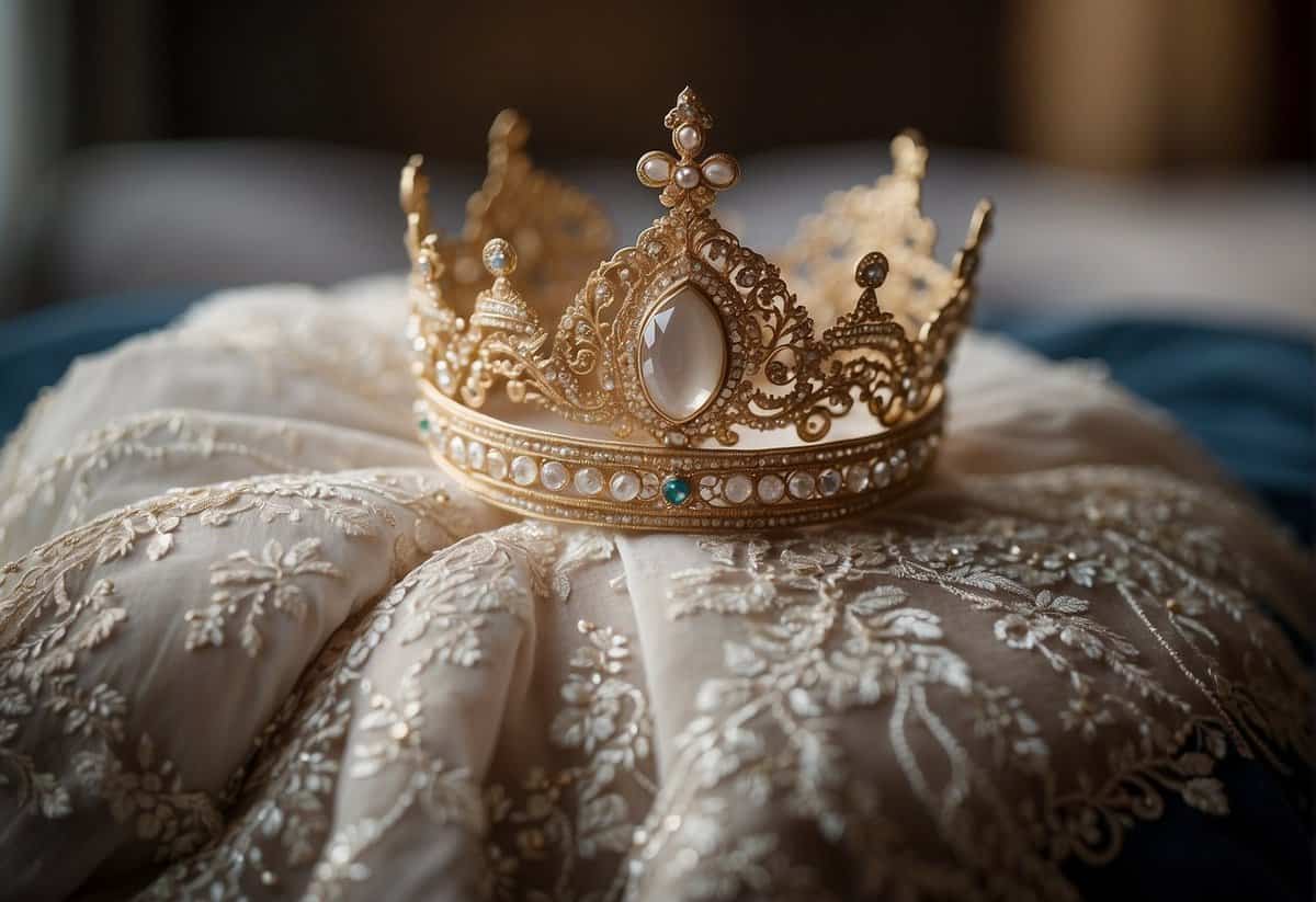 A royal crown lies on a velvet cushion, surrounded by delicate lace and intricate embroidery, representing the symbolism and significance of Meghan Markle's wedding dress