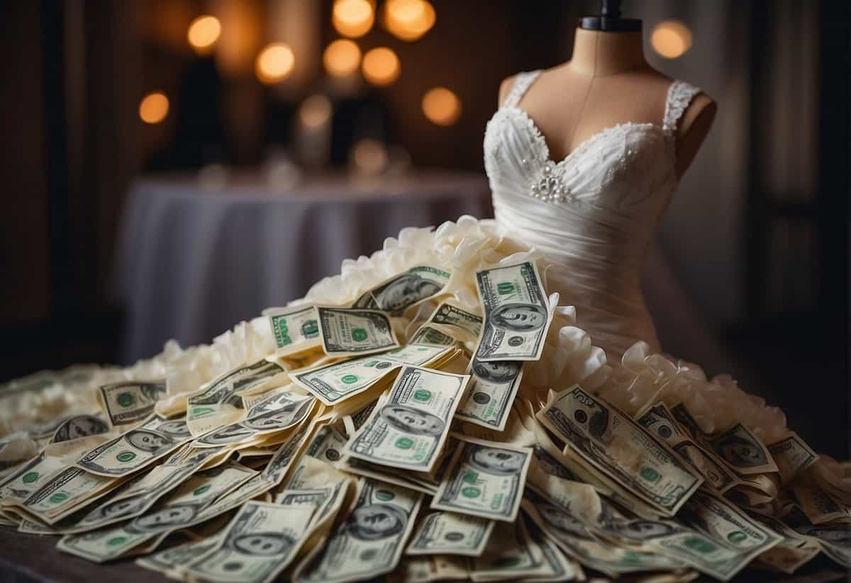 A wedding dress with a price tag and a stack of cash next to it