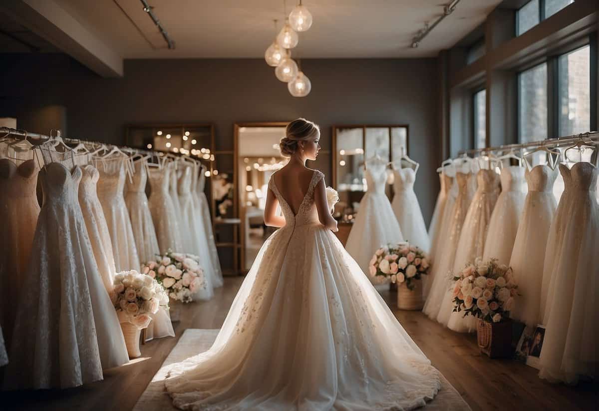 A woman stands in a bridal boutique, surrounded by racks of wedding dresses. She holds a calendar, looking contemplative
