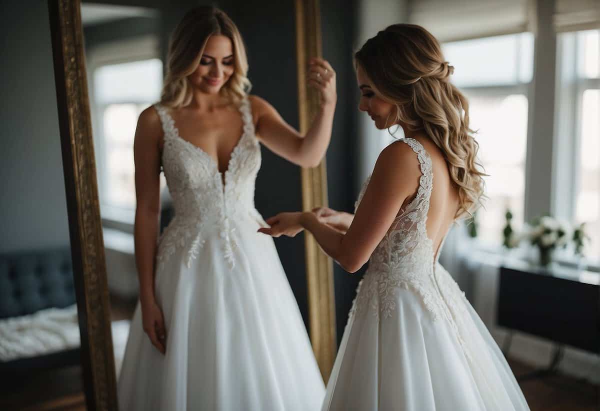 A bride-to-be stands in front of a full-length mirror as a seamstress pins and adjusts the fabric of her wedding dress, ensuring a perfect fit