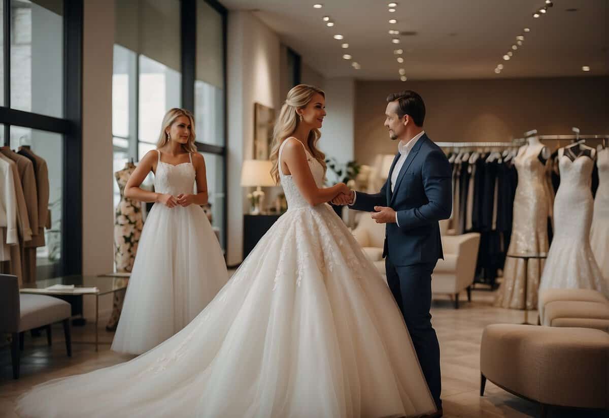 A woman standing in a bridal boutique, looking at wedding dresses with a confused expression, while a salesperson tries to offer assistance