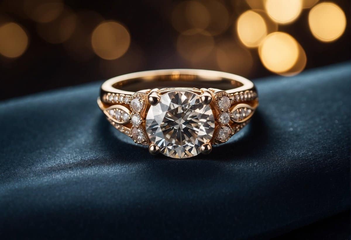 A sparkling diamond ring sits on a velvet cushion, surrounded by soft lighting and elegant decor