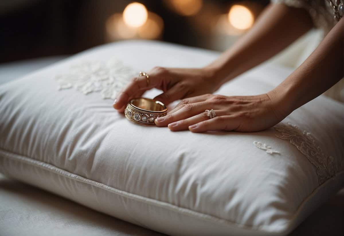 A hand reaches for a wedding ring on a decorative pillow, symbolizing the cultural tradition of exchanging rings in a personalized ceremony