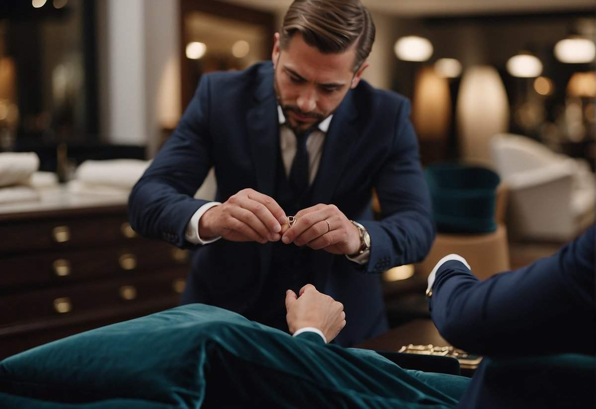 A man places a wedding ring on a velvet cushion in a jewelry store, while a salesperson looks on expectantly