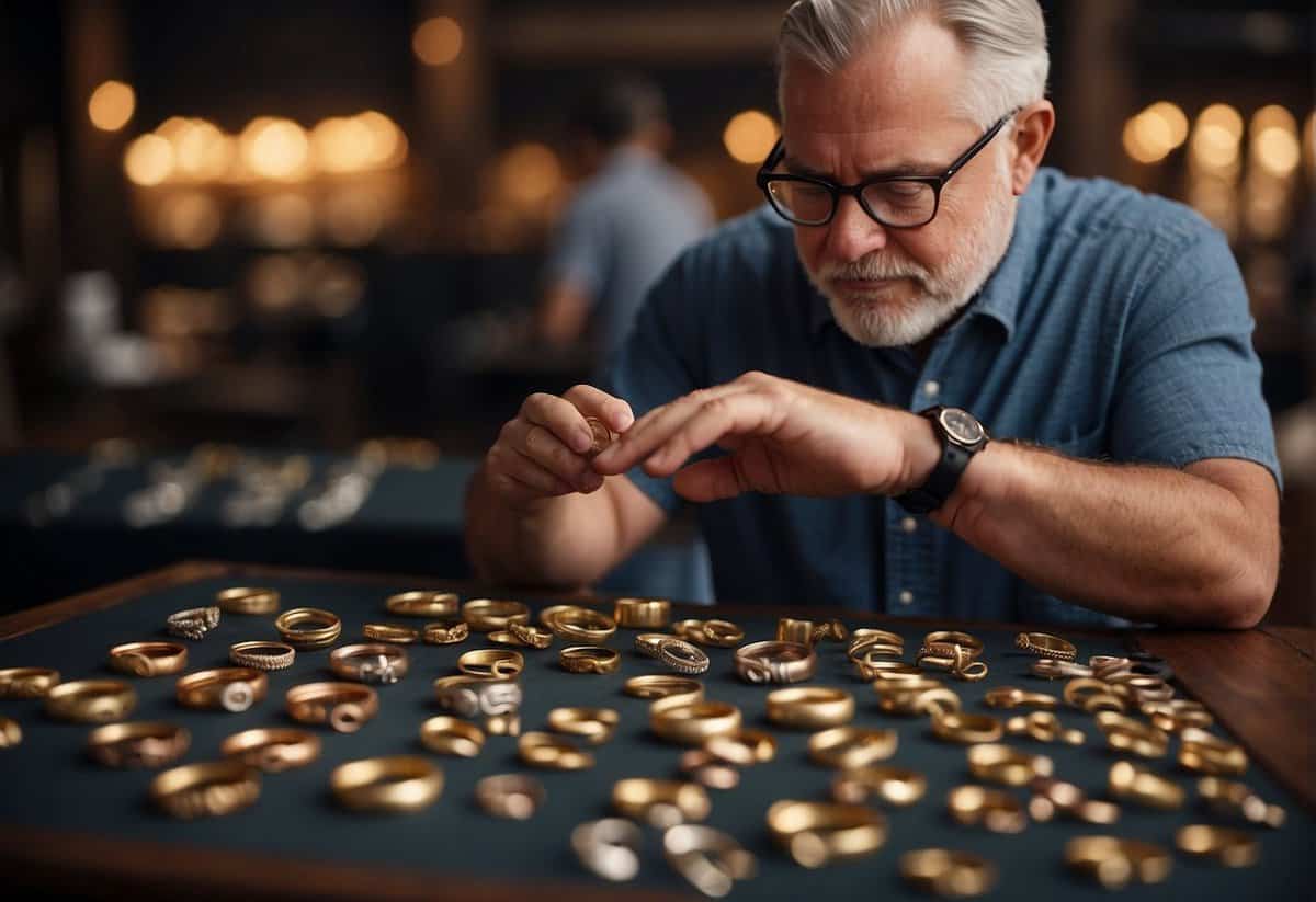 A man carefully examines a selection of wedding rings, comparing their designs and prices, pondering how much to invest in the symbol of his commitment