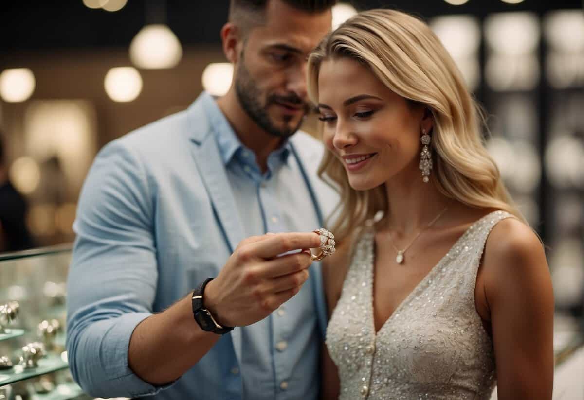 A person holding a wedding ring while looking at a price tag in a jewelry store