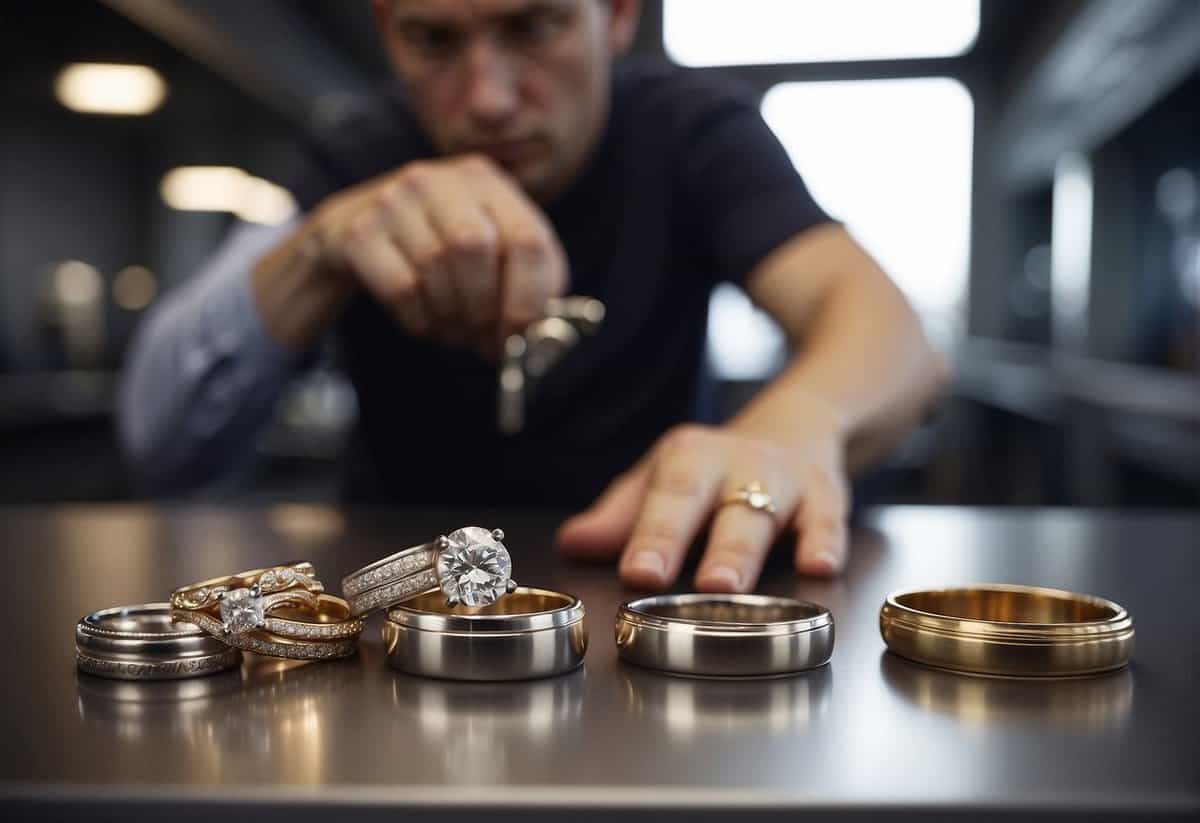 A person carefully examines various metal options for a wedding ring, considering the cost and quality