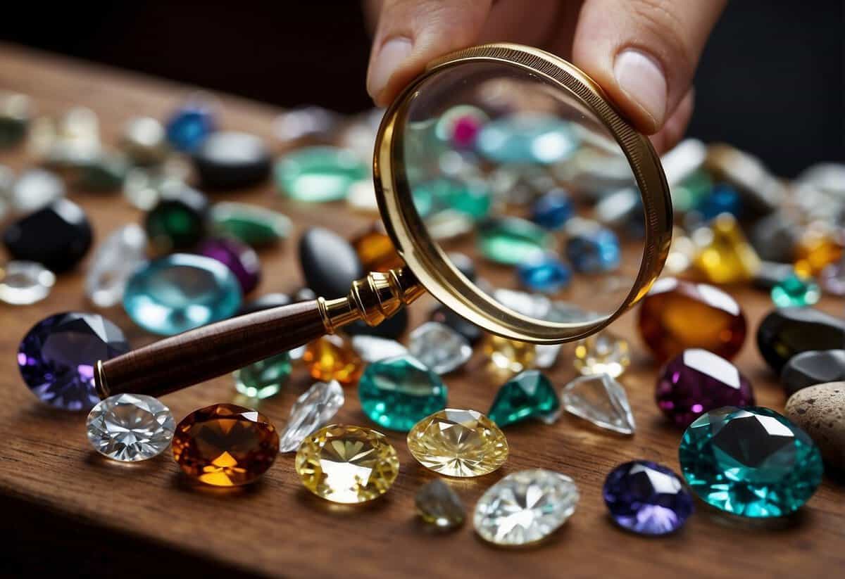 A person holding a magnifying glass examines various gemstones and designs displayed on a table, pondering the cost of a wedding ring in the UK