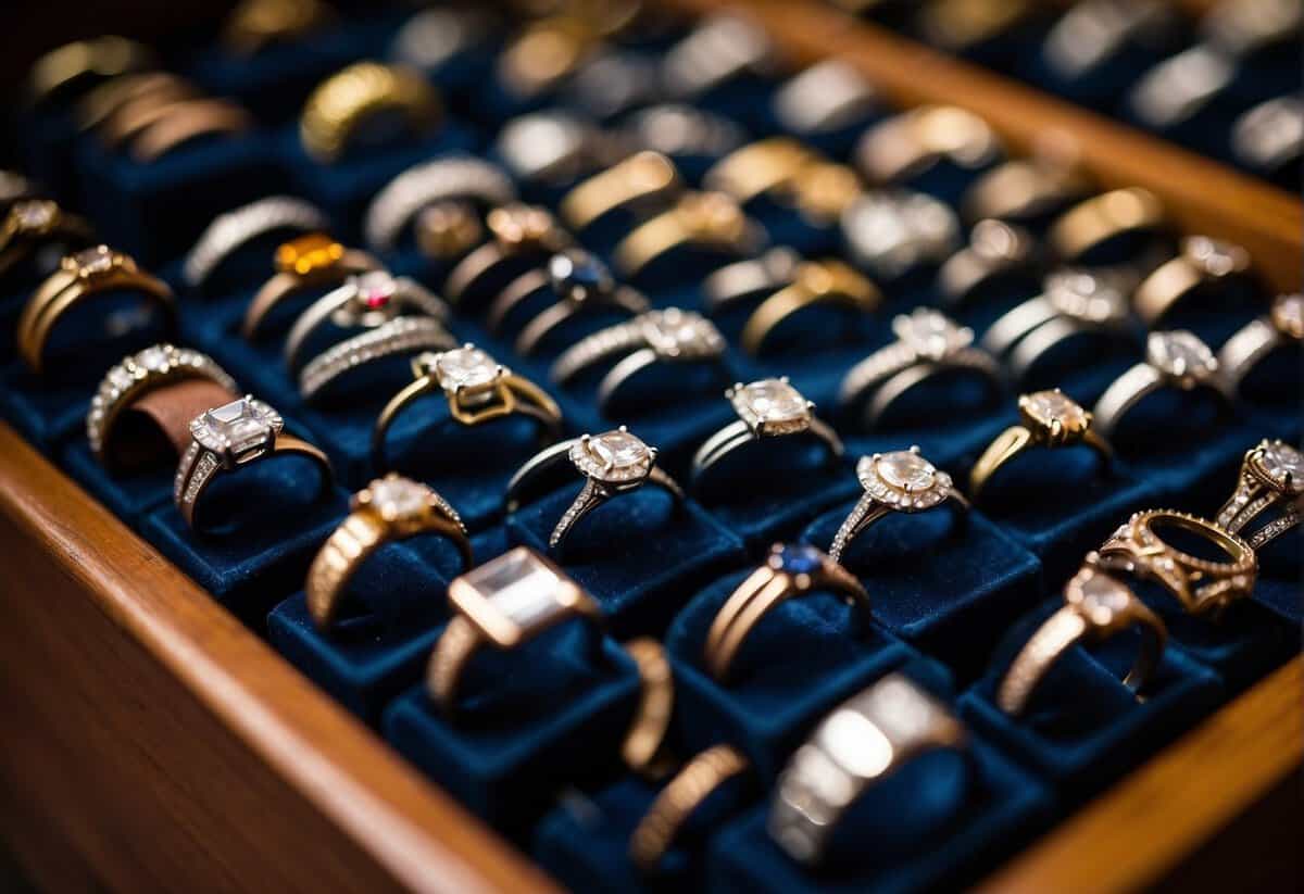 Various ring styles and designs displayed with price tags. A man contemplates the cost of an engagement ring, considering different options