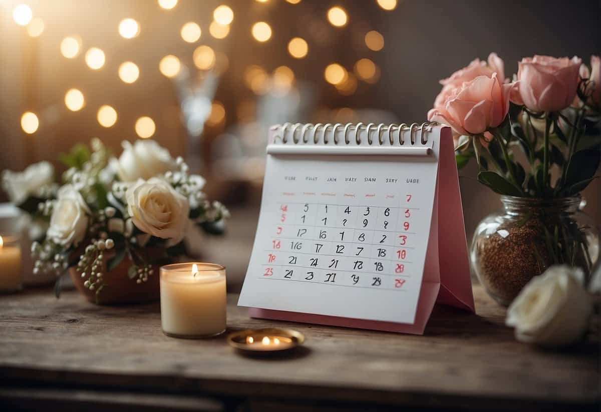A calendar with Saturdays highlighted, surrounded by wedding symbols and decorations