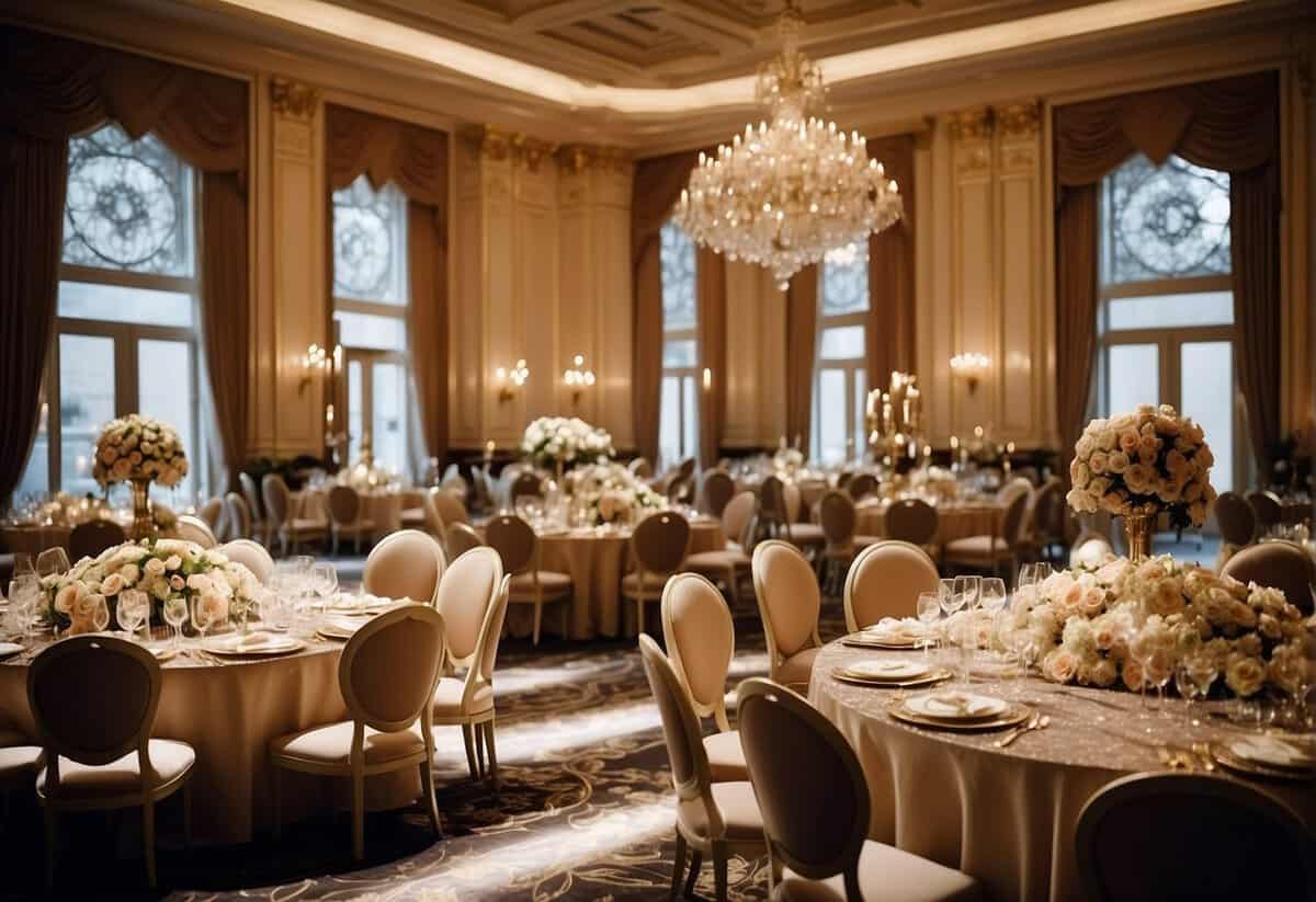 A lavish wedding set in a grand ballroom adorned with opulent decor and extravagant floral arrangements, with guests dressed in formal attire and indulging in a luxurious feast